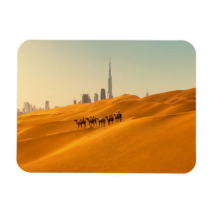 Deserts   Dubai's Skyline View with Camels Magnet