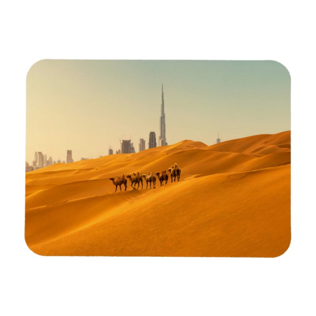 Deserts | Dubai's Skyline View with Camels Magnet (Horizontal)