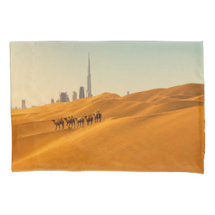 Deserts   Dubai's Skyline View with Camels Pillow Case