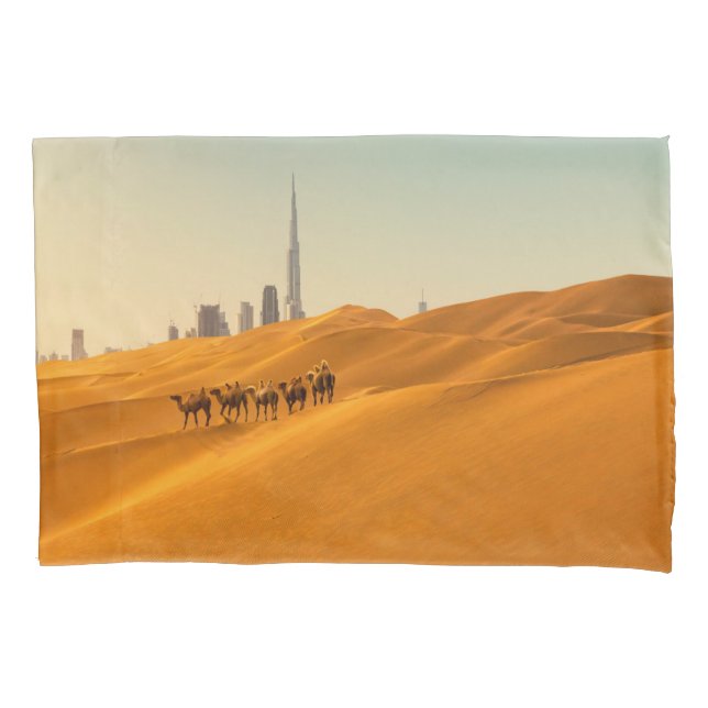 Deserts | Dubai's Skyline View with Camels Pillow Case (Front)