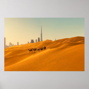 Deserts Dubai's Skyline View with Camels Poster