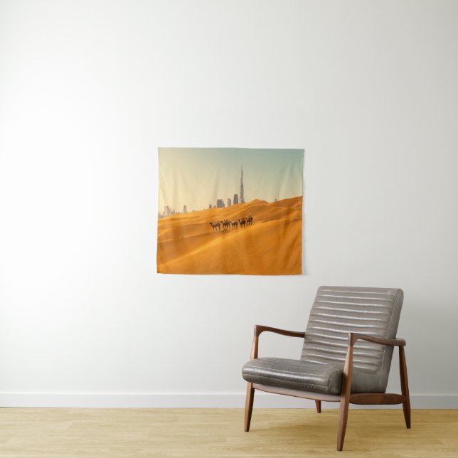 Deserts | Dubai's Skyline View with Camels Tapestry (In Situ (Horizontal))