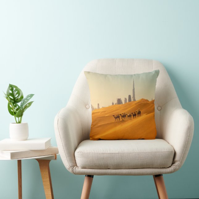 Deserts | Dubai's Skyline View with Camels Throw Pillow (Chair)