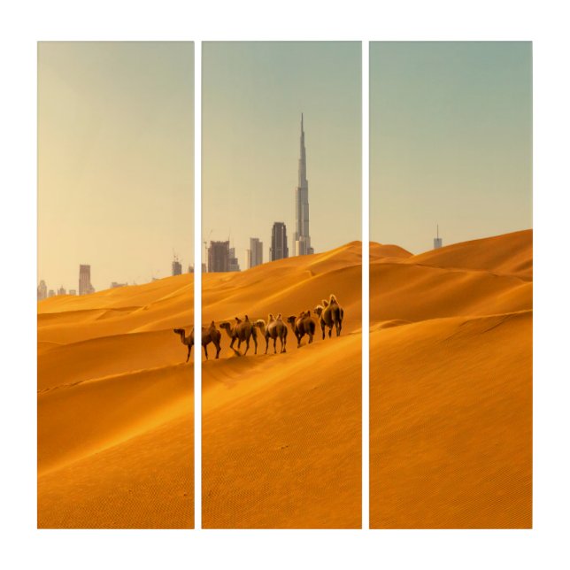 Deserts | Dubai's Skyline View with Camels Triptych (Front)