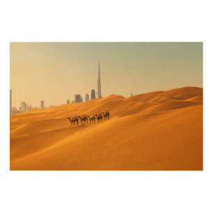 Deserts Dubai's Skyline View with Camels Wood Wall Art