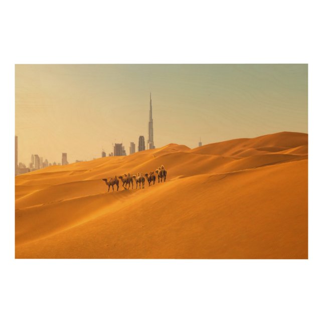 Deserts | Dubai's Skyline View with Camels Wood Wall Art (Front)
