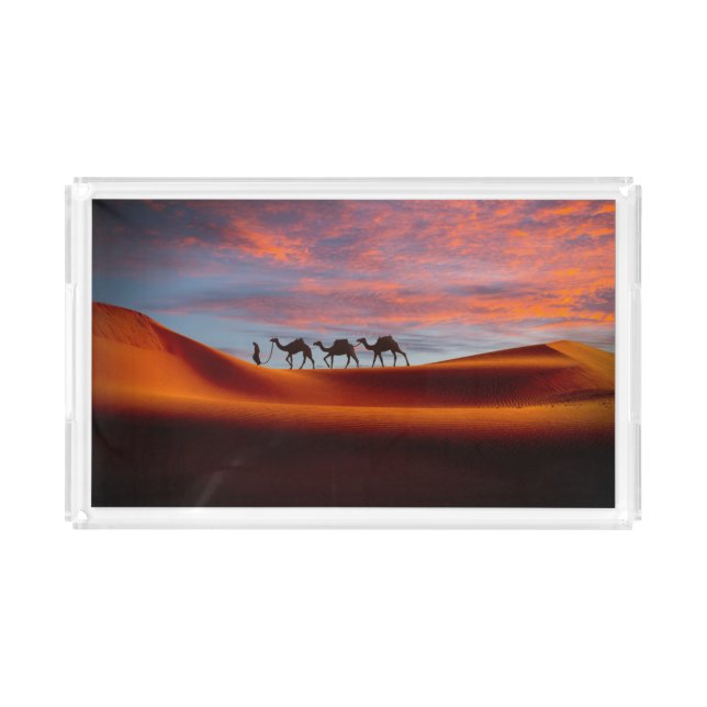 Deserts | Man & Camels in the Sand Dunes Acrylic Tray (Front)