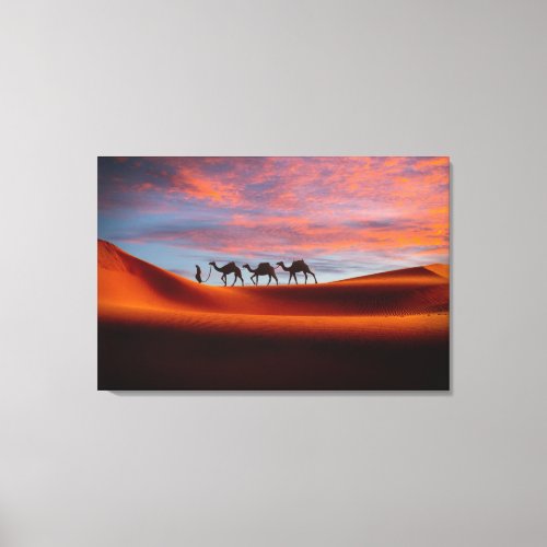 Deserts  Man  Camels in the Sand Dunes Canvas Print