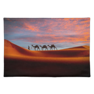 Deserts Man & Camels in the Sand Dunes Cloth Placemat