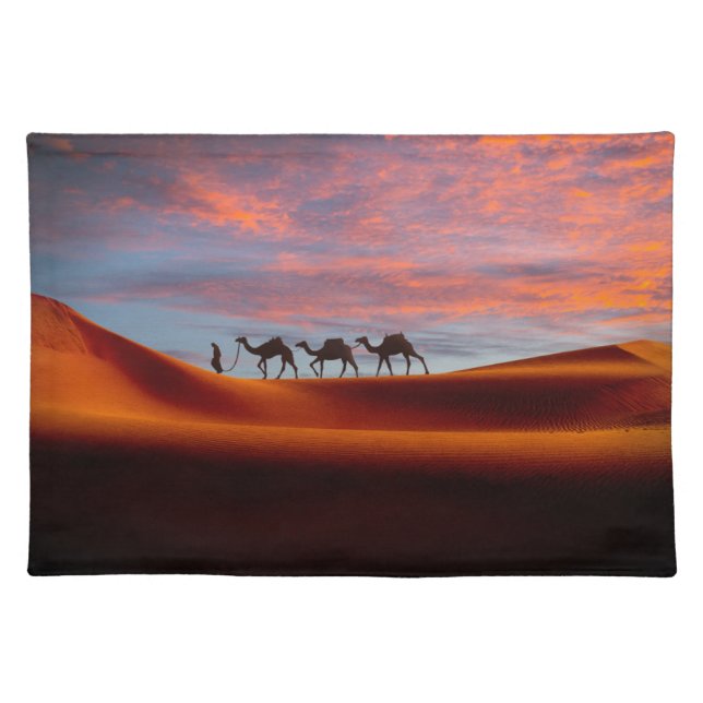 Deserts | Man & Camels in the Sand Dunes Cloth Placemat (Front)