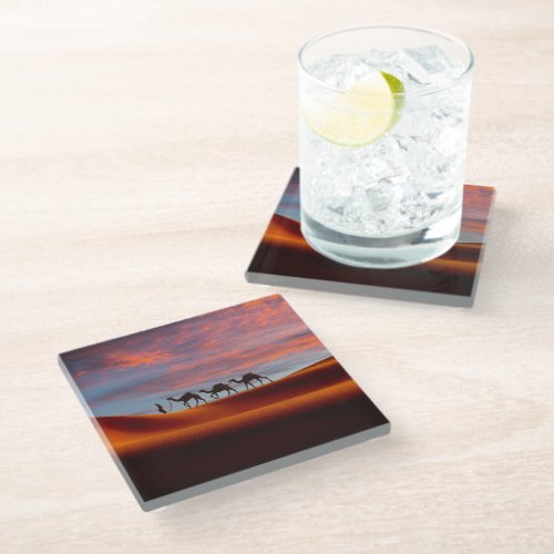 Deserts  Man  Camels in the Sand Dunes Glass Coaster