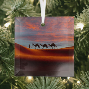 Deserts Man & Camels in the Sand Dunes Glass Ornament