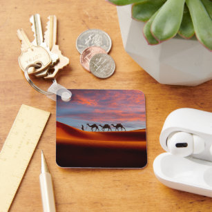 Deserts   Man & Camels in the Sand Dunes Keychain