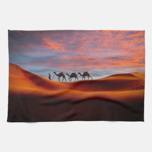 Deserts  Man  Camels in the Sand Dunes Kitchen Towel