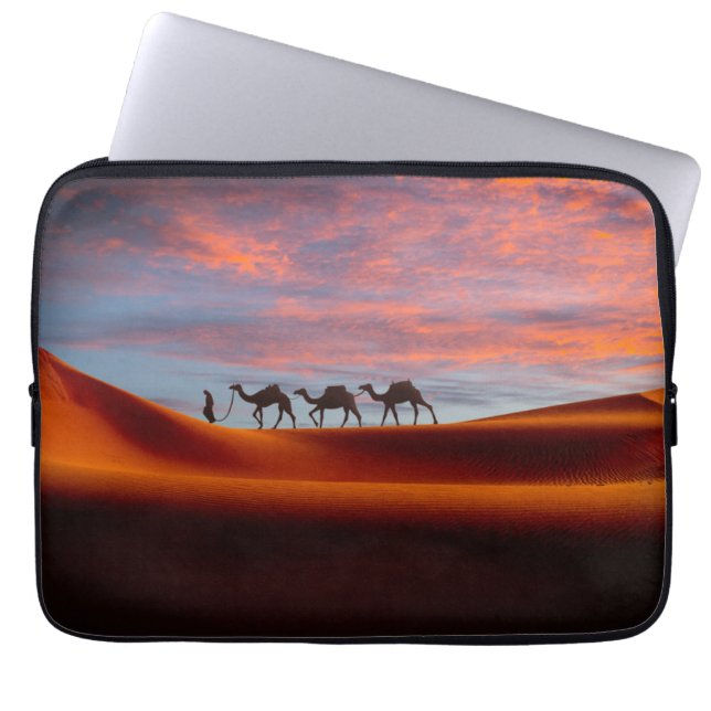Deserts | Man & Camels in the Sand Dunes Laptop Sleeve (Front)