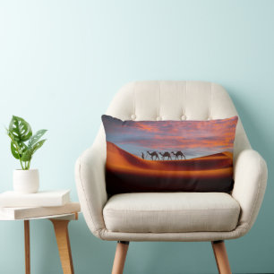 Deserts Man & Camels in the Sand Dunes Lumbar Pillow