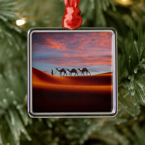 Deserts  Man  Camels in the Sand Dunes Metal Ornament