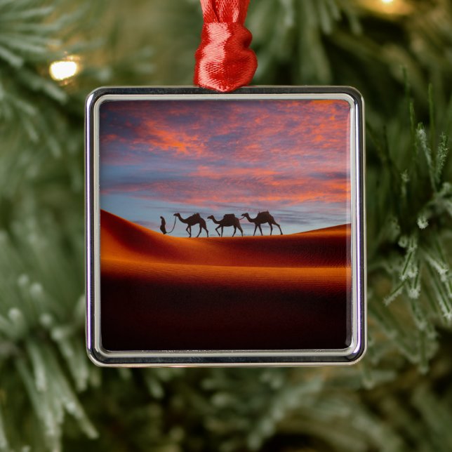 Deserts | Man & Camels in the Sand Dunes Metal Ornament (Tree)