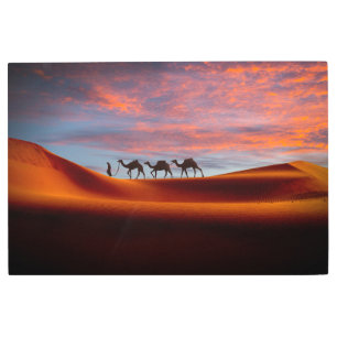 Deserts Man & Camels in the Sand Dunes Metal Print