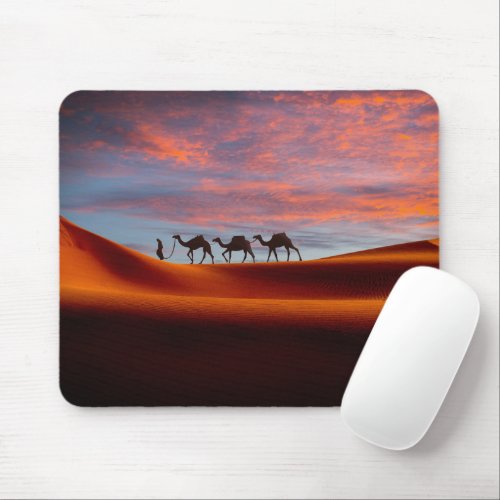 Deserts  Man  Camels in the Sand Dunes Mouse Pad