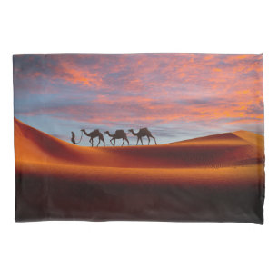 Deserts Man & Camels in the Sand Dunes Pillow Case