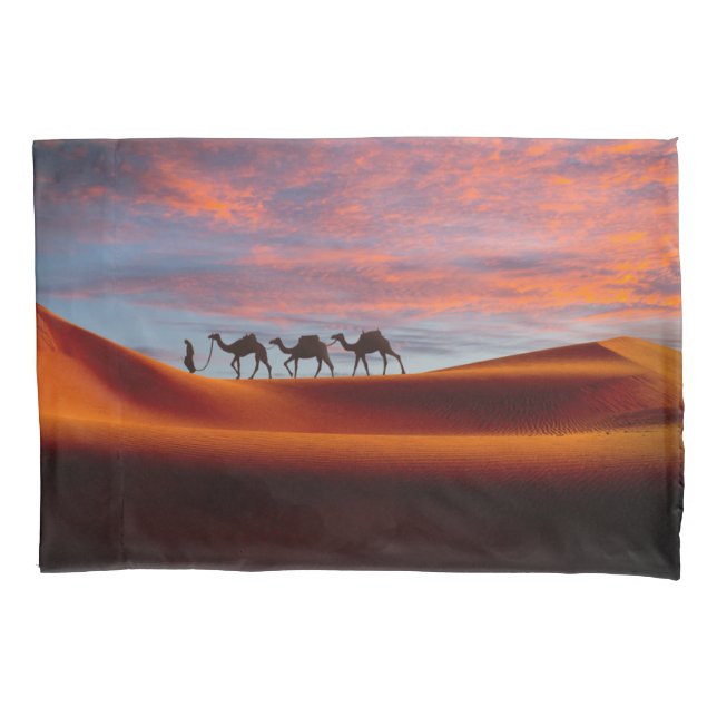 Deserts | Man & Camels in the Sand Dunes Pillow Case (Front)