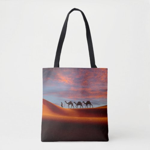 Deserts  Man  Camels in the Sand Dunes Tote Bag