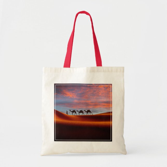 Deserts | Man & Camels in the Sand Dunes Tote Bag (Front)