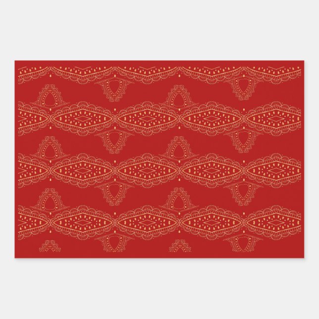 Desi Wedding Style Deep Red Design Wrapping Paper Sheets (Front)