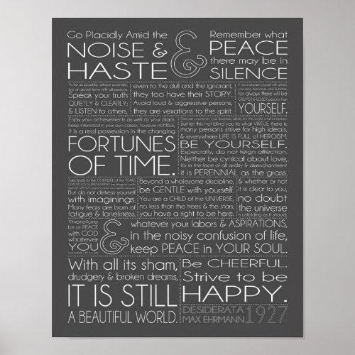 Desiderata 11x14 White Text on Gray Poster