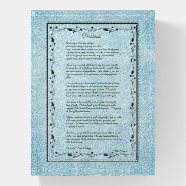 Desiderata Black Text On Blue Leather Paperweight (Vertical)