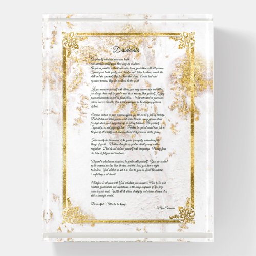 Desiderata Black Text on Gold White Marble Paperweight