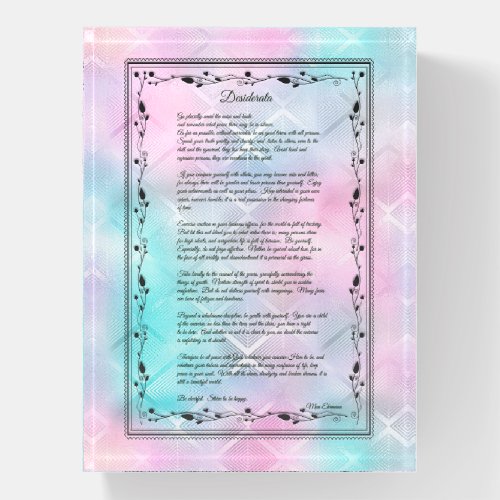 Desiderata Black Text On Irridescent Pink and Blue Paperweight