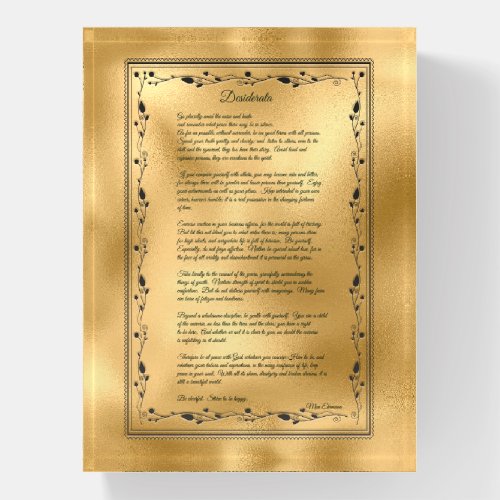 Desiderata Black Text On Shiny Gold Color Paperweight