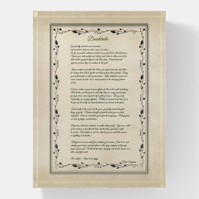 Desiderata Black Text On Tan Paperweight (Vertical)