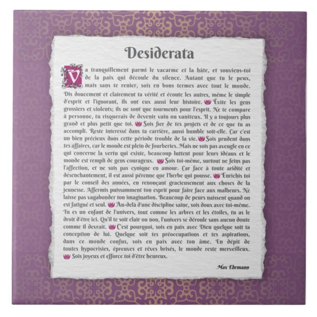 Desiderata - Choses désirées - poème Ceramic Tile (Front)