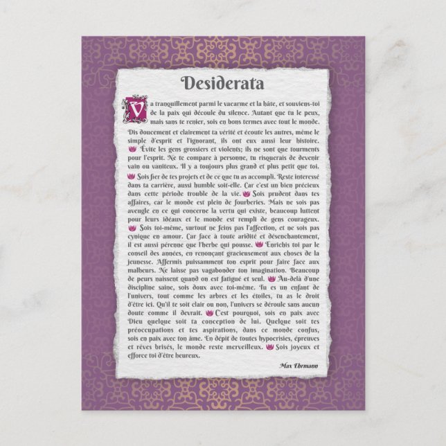 Desiderata - Choses désirées - poème Postcard (Front)