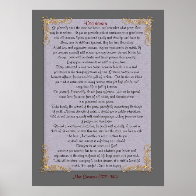 Desiderata "desired things", customizable colors poster (Front)