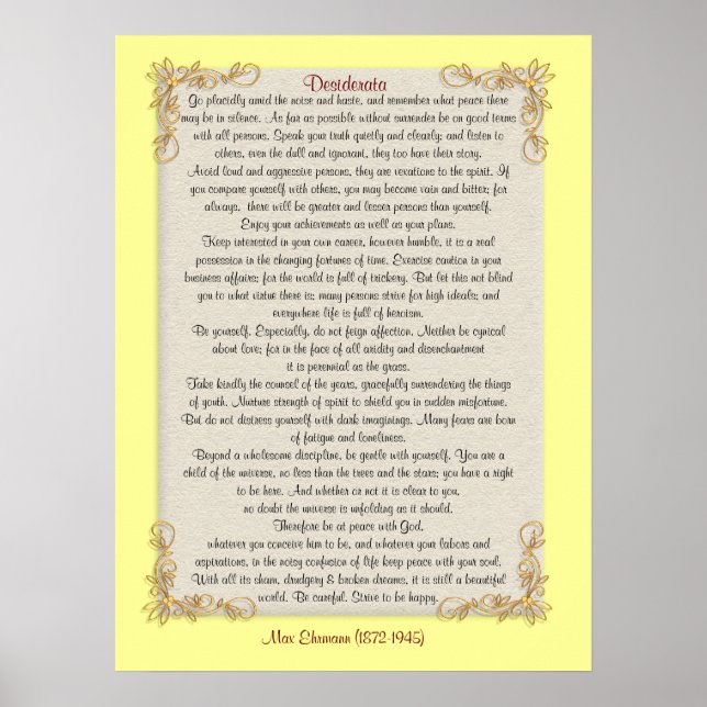 Desiderata "desired things", customizable colors poster (Front)