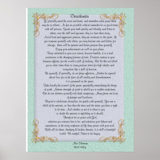 Desiderata "desired things", customizable colors poster (Front)