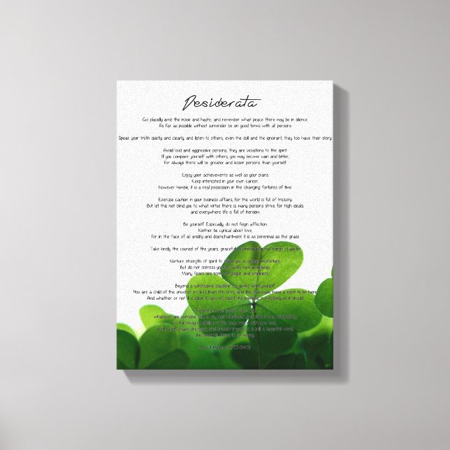 Desiderata "Desired Things" on Green Clovers Canvas Print (Front)