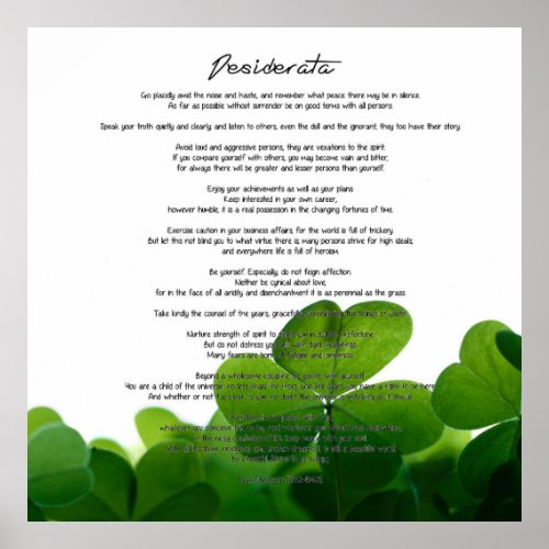 Desiderata Desired Things on Green Clovers Poster