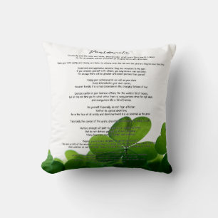 Desiderata "Desired Things" on Green Clovers Throw Pillow