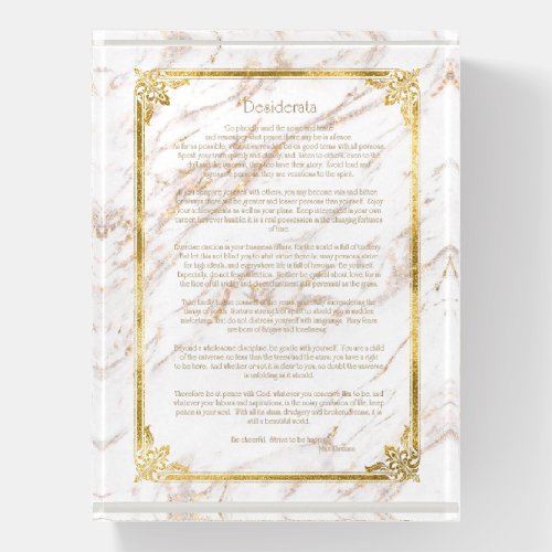 Desiderata Gold Text on Gold White Marble Paperweight