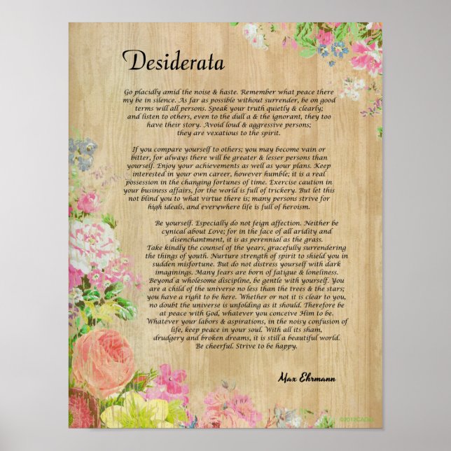 Desiderata on Rustic Wood Panel with Floral Trim Poster (Front)