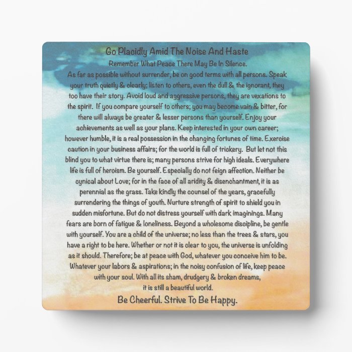 Desiderata Poem in Blue Thunder On The Beach Plaques