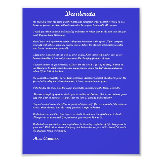 Desiderata poem on blue background photo print (Front)
