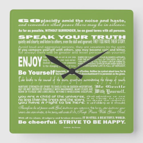 Desiderata Poem Poesy Verse Poetry Green Apple Square Wall Clock