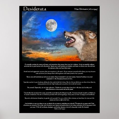 Desiderata Posters with wolf looking at the moon