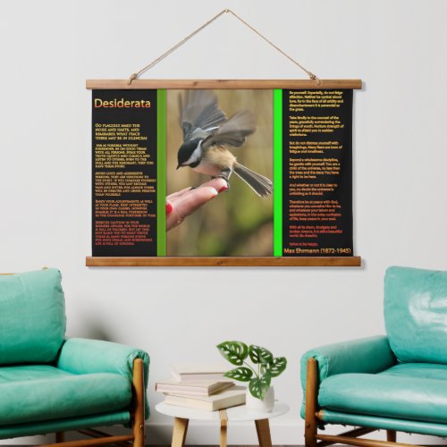 DESIDERATA sparrow in my wifes hand eating food Hanging Tapestry